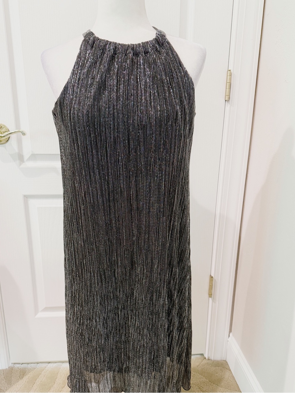NWOT Black and Silver Pleated Halter Dress with Charcoal Metal Straps